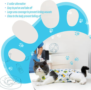 Cat wearing a e-collar alternative product with paw-shaped blue and white design at Pet Servo