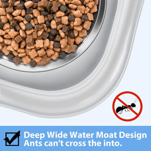 Dog food in a bowl with a no ants symbol and text about a deep wide water moat design at Pet Servo