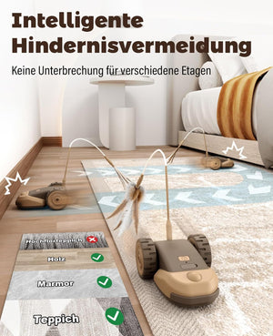 Robotic vacuum cleaner on a wooden floor with text about obstacle avoidance technology at Pet Servo