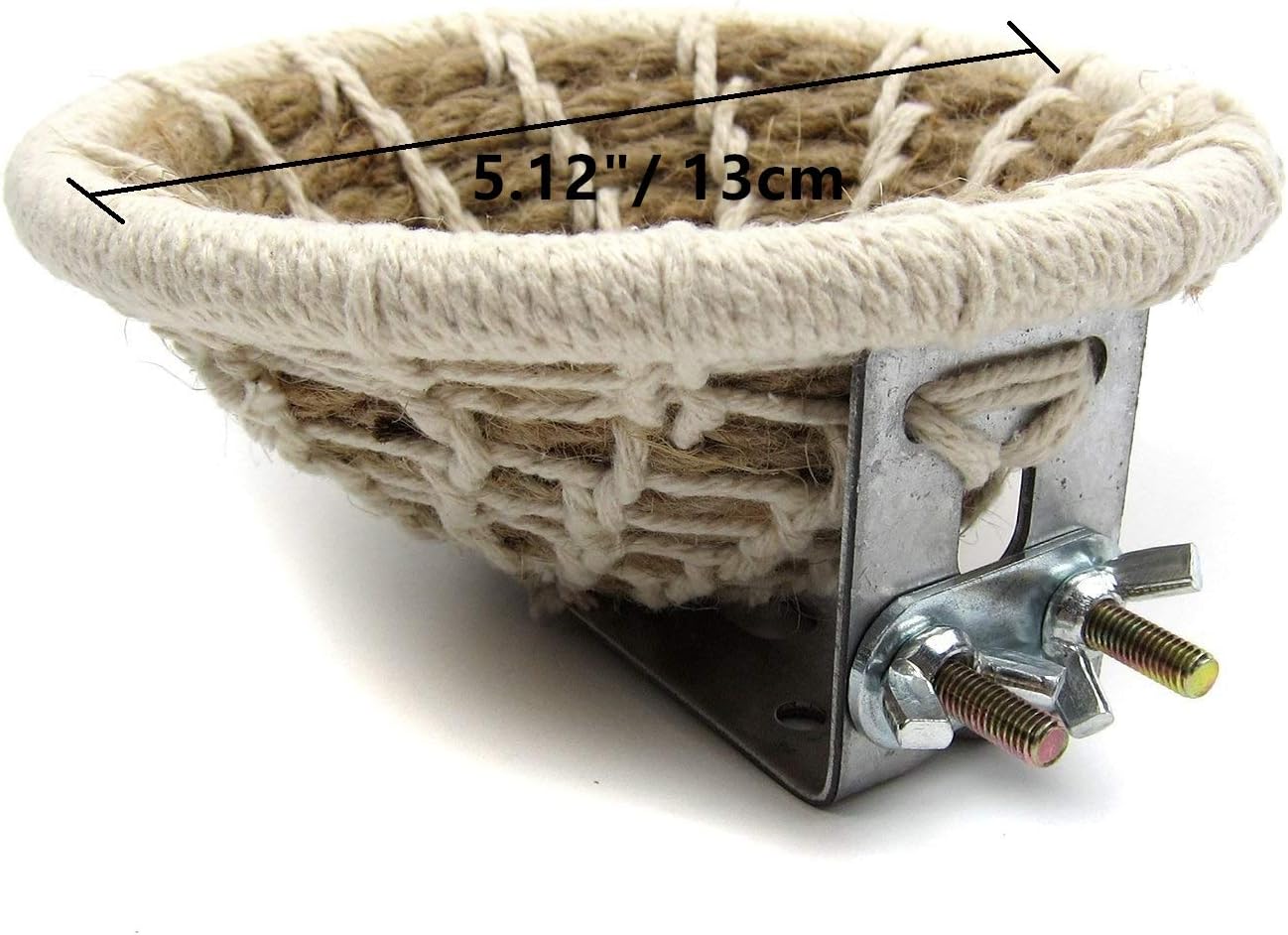 Woven basket with metal holder and measurements on a white background at Pet Servo