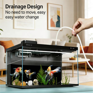 Fish tank with drainage design feature in a living room setting at Pet Servo