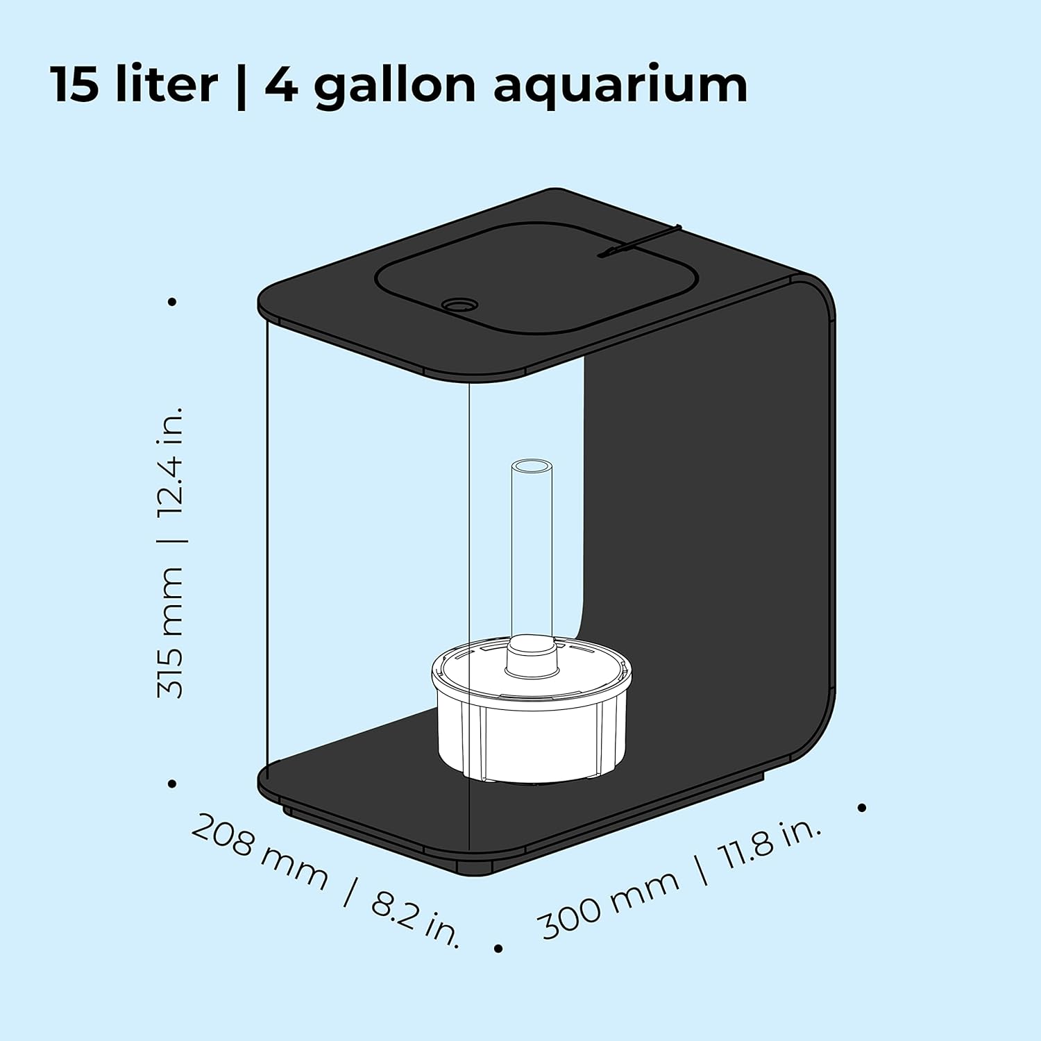 Aquarium filter with dimensions labeled on a light blue background