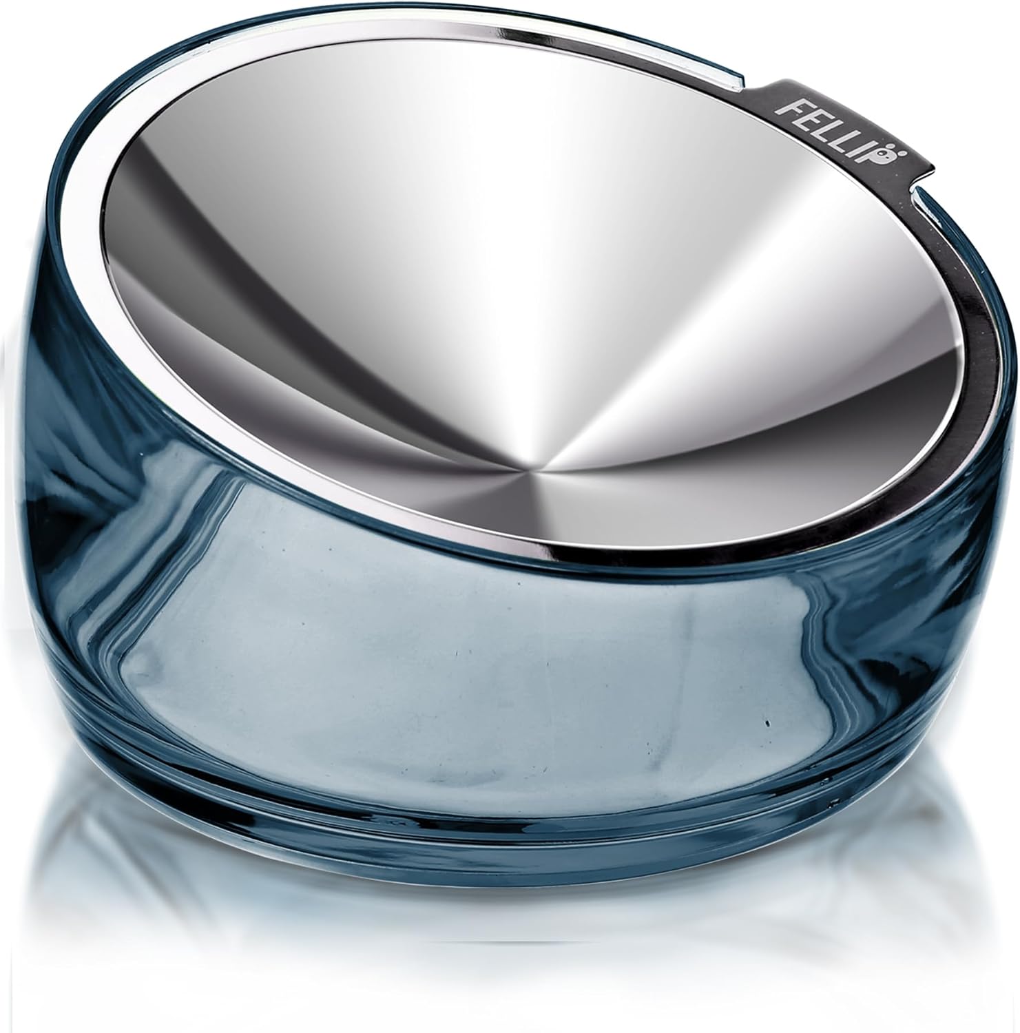 Blue glass bowl with metallic top on a white background at Pet Servo