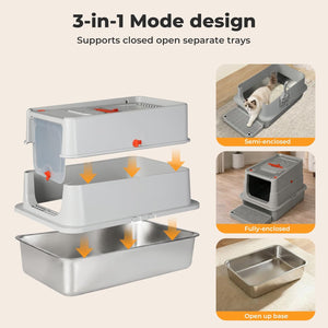 Pawz - XL Stainless Steel Cat Litter Box with Lid, Anti-Leakage Hooded Metal Litter Pan (Grey) at Pet Servo