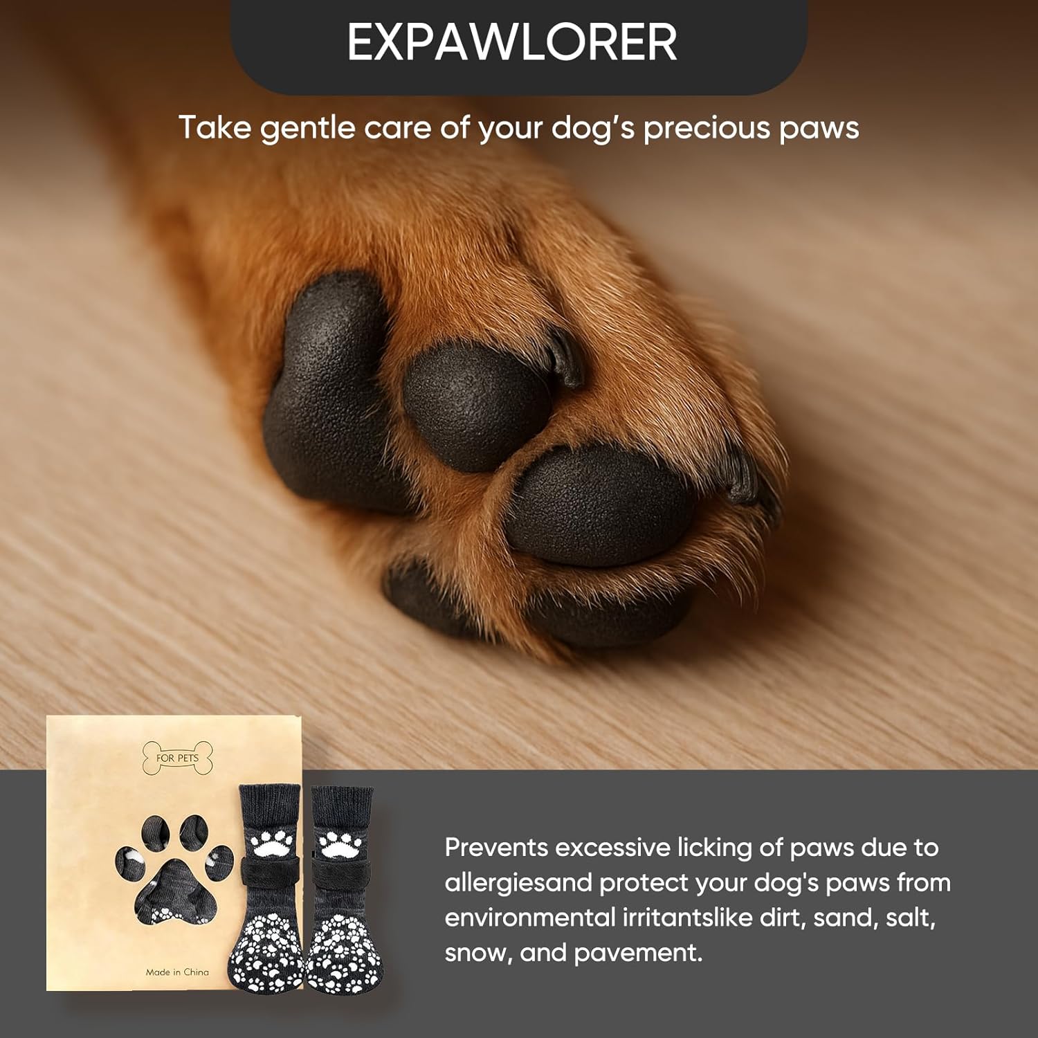 Dog paw with product packaging and text about paw care on a wooden surface at Pet Servo