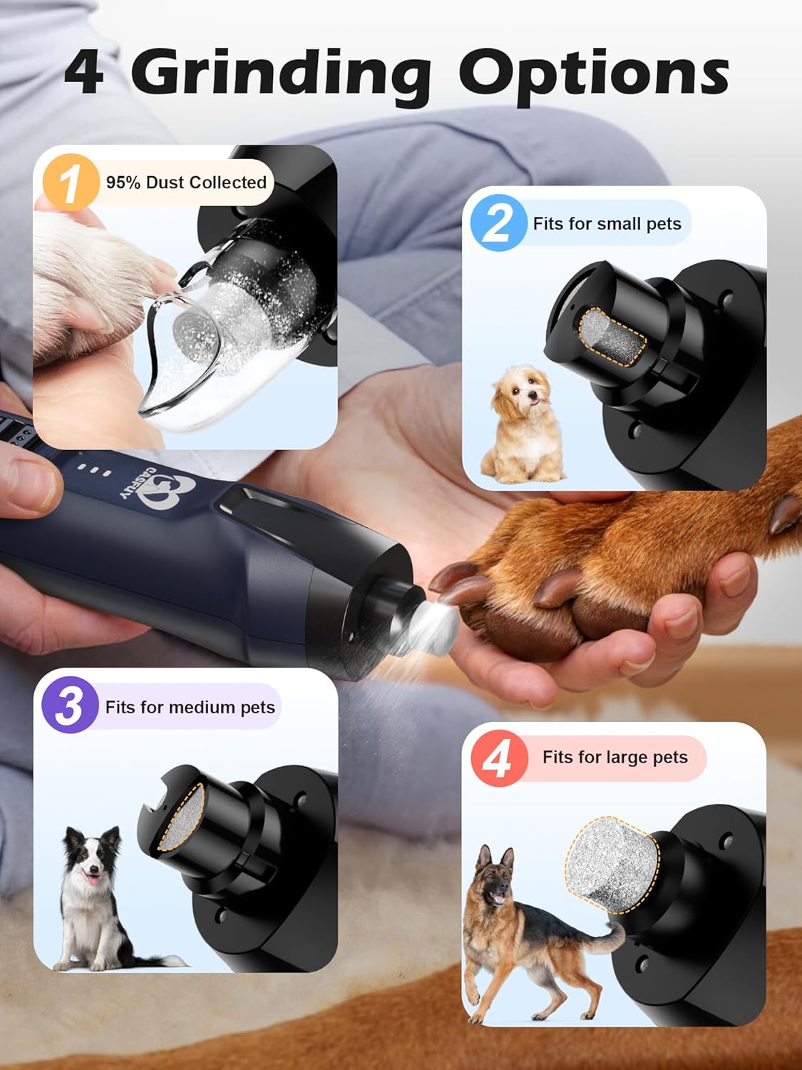 Pet nail grinder with different grinding options for small, medium, and large pets at Pet Servo