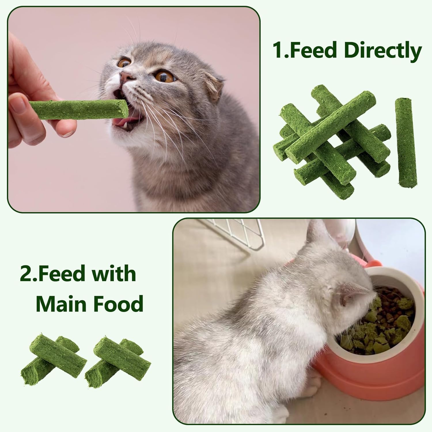 Cat eating a green treat, treats on a pink background, and cat with treats in a bowl at Pet Servo