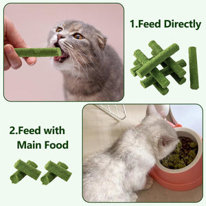 Cat eating a green treat, treats on a pink background, and cat with treats in a bowl at Pet Servo