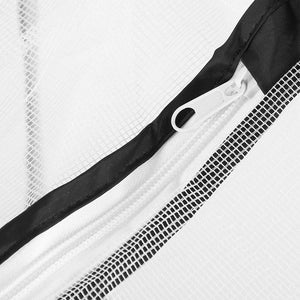 Close-up of a white mesh tent with black zipper and trim at Pet Servo