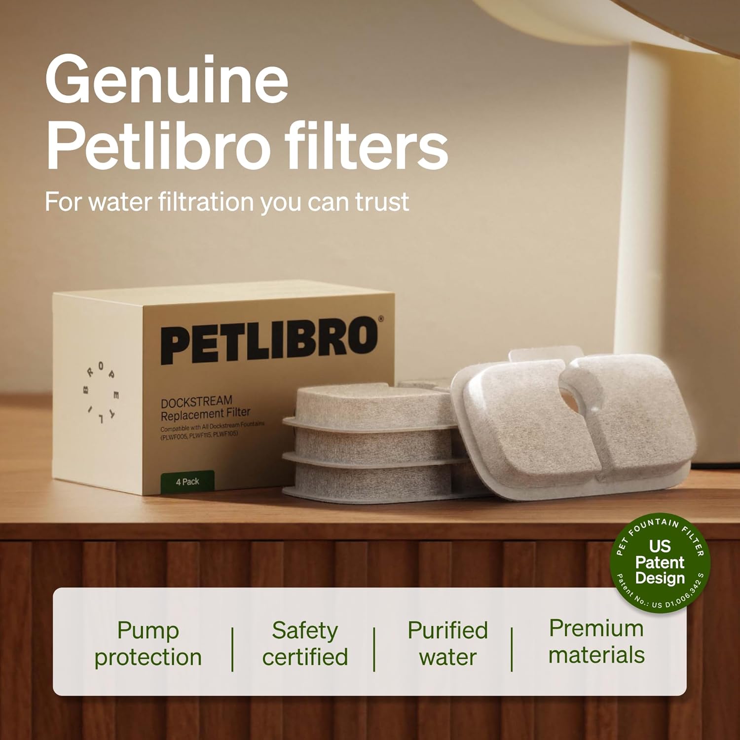 PETLIBRO water filter packaging and filters on a wooden surface with branding and product features displayed.