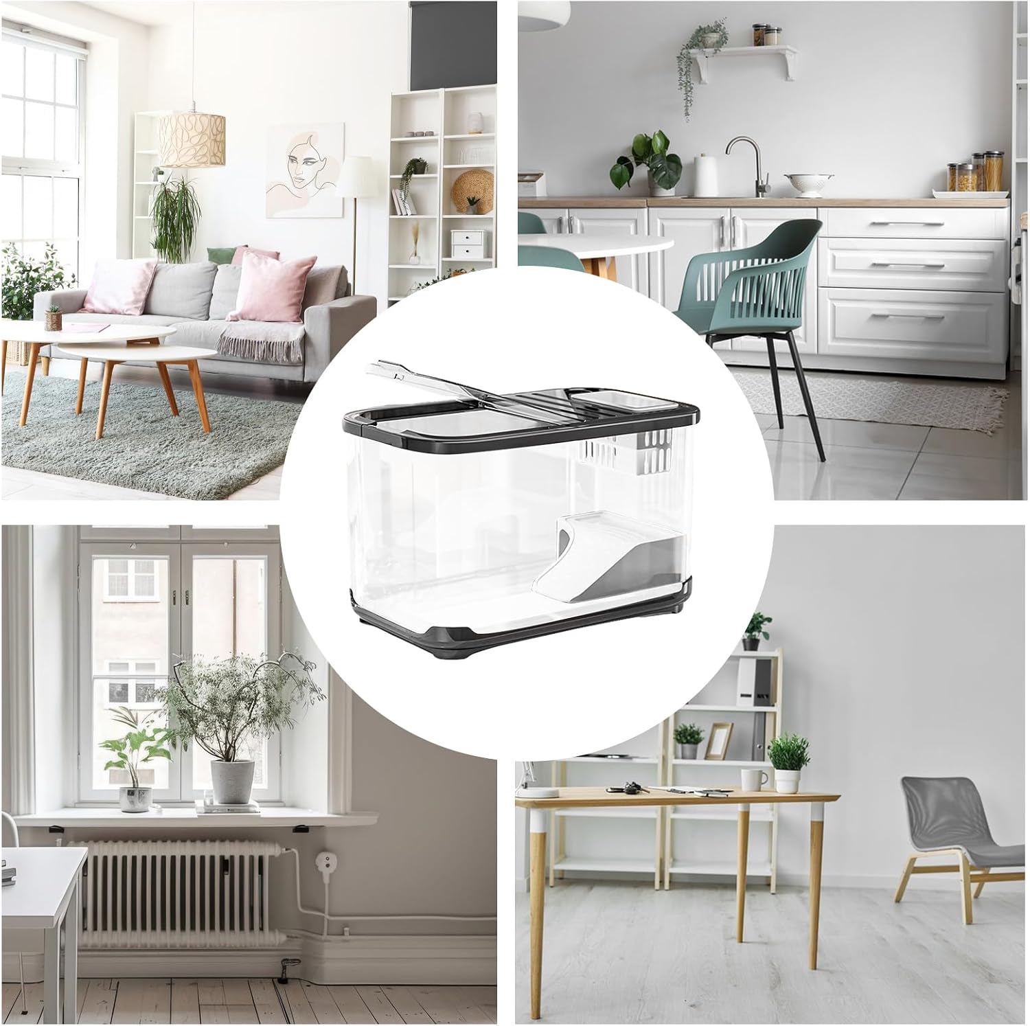 Collage of a home office setup with a desk and chair, surrounded by living room and kitchen scenes at Pet Servo