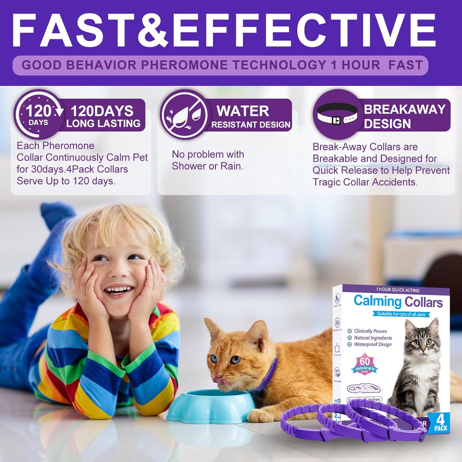 Advertisement for calming collars with a child and cat, highlighting features like fast and effective results and long-lasting benefits at Pet Servo