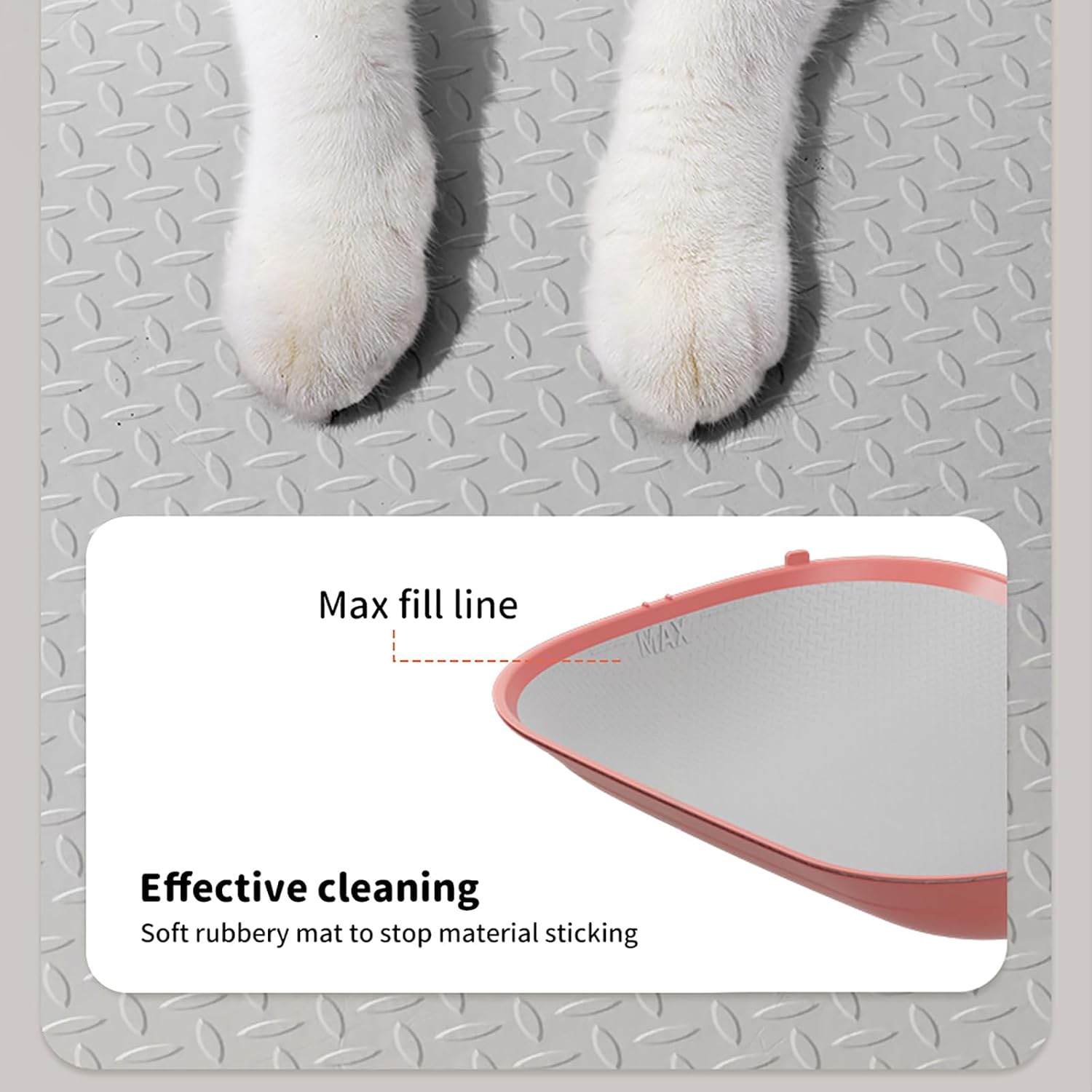 A close-up of white cat paws standing on a gray diamond-plate metal surface, with an inset product callout showing a pink and white pet mat and text reading 'Max fill line' and 'Effective cleaning Soft rubbery mat to stop material sticking' at Pet Servo
