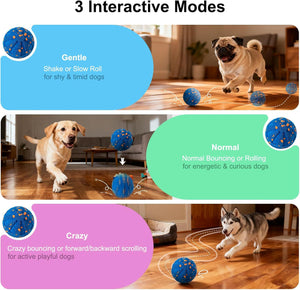 Three interactive modes of a dog toy with dogs playing on a wooden floor at Pet Servo