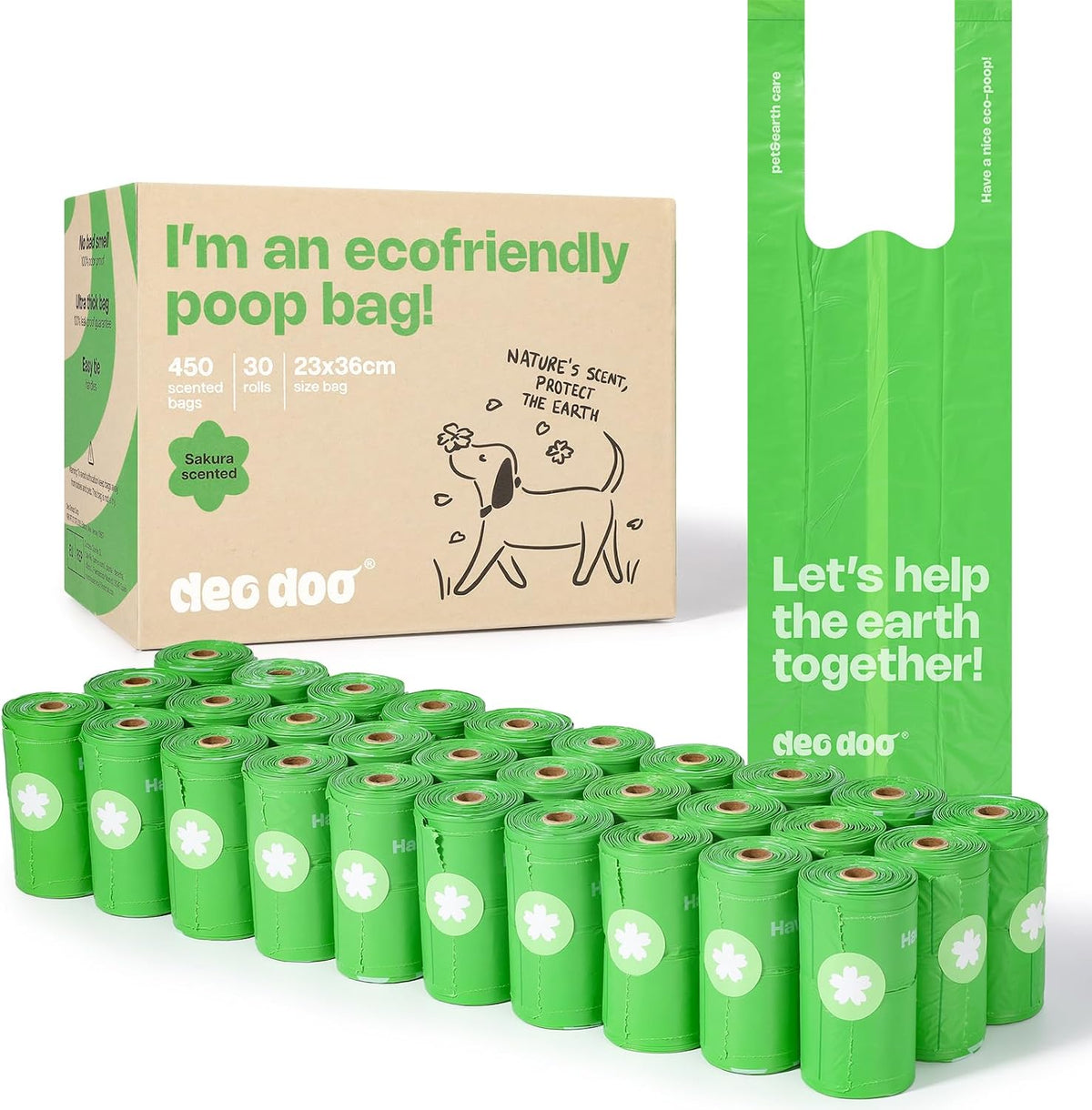 Green eco-friendly dog waste bags with packaging on a white background at Pet Servo
