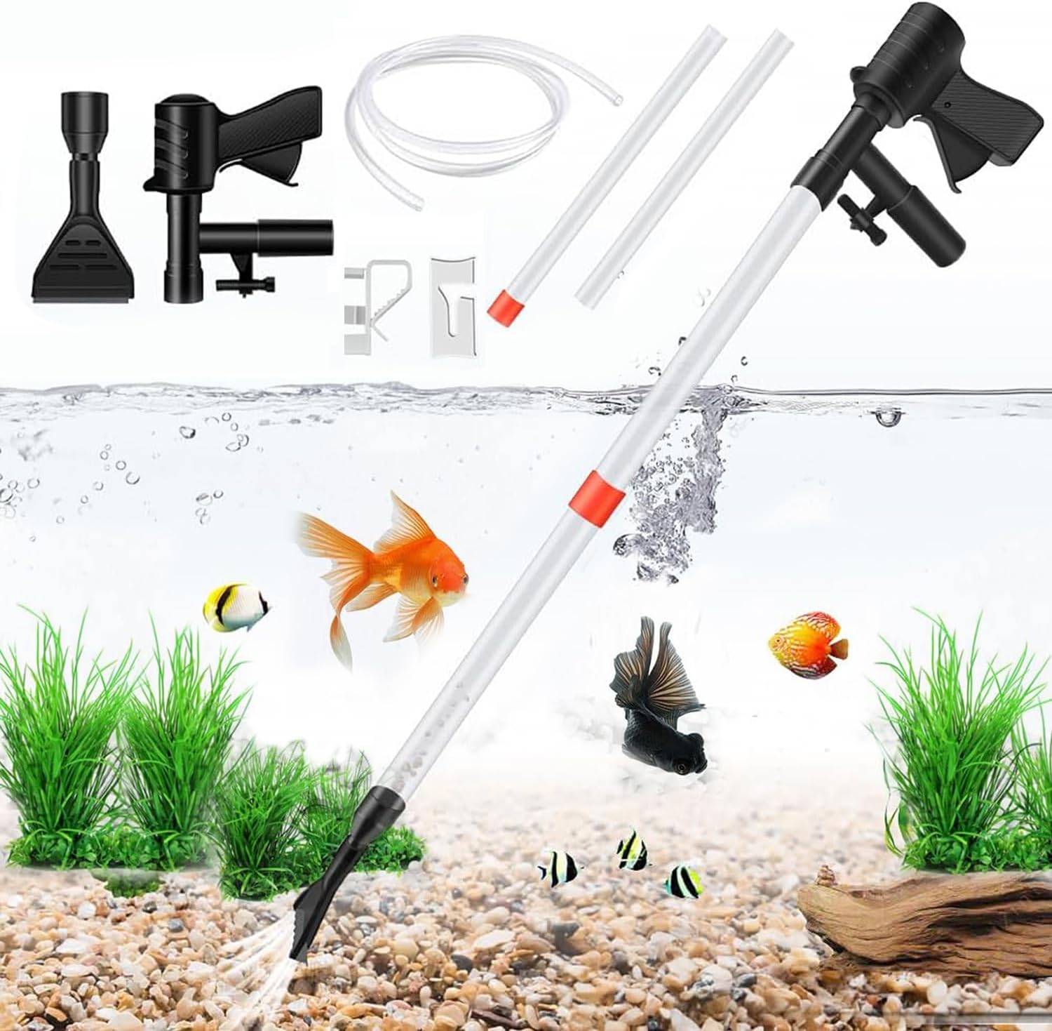 Aquarium cleaning tool set with fish and plants on a white background at Pet Servo