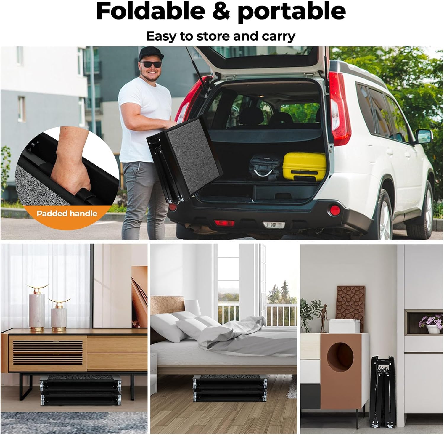 A foldable portable storage box shown in a promotional collage. The top panel shows a man standing by an open SUV trunk with the box folded out, with text reading 'Foldable & portable' and 'Easy to store and carry at Pet Servo