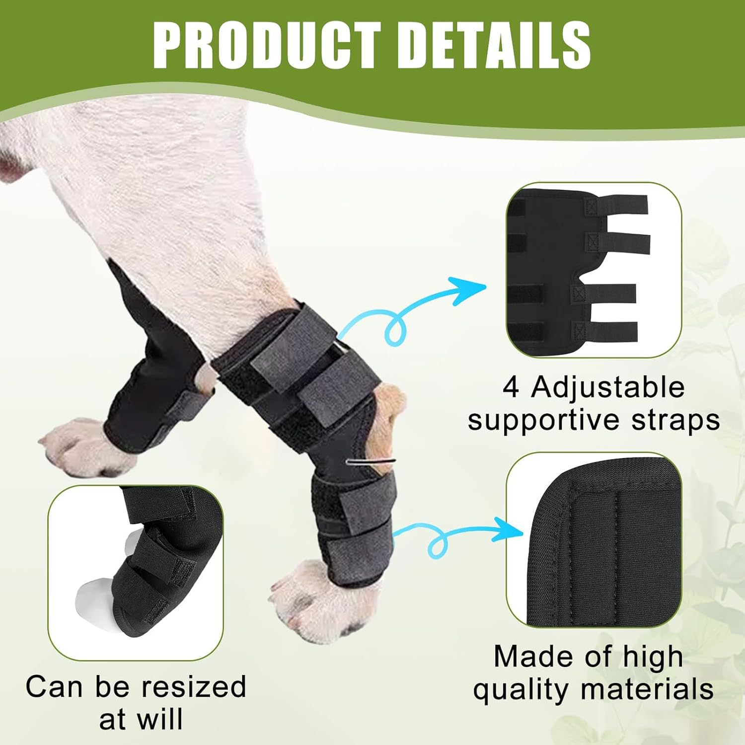 Dog paw protector with adjustable straps and high-quality material details on a green background at Pet Servo