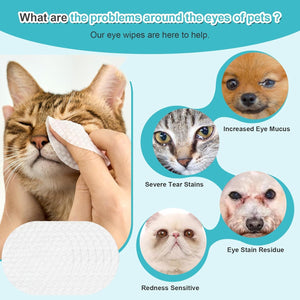 Pet eye care product advertisement with a cat using wipes and images of pets with eye issues at Pet Servo