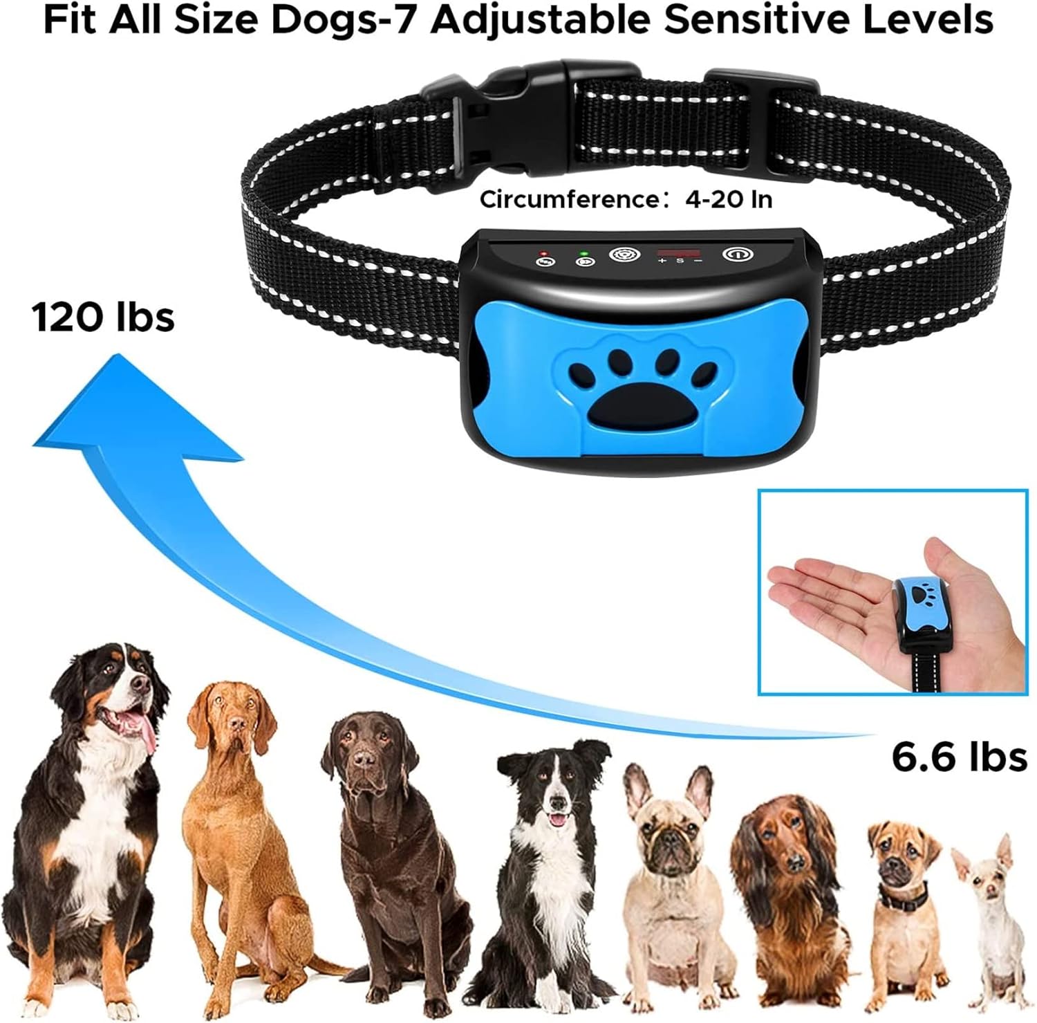 Dog training collar with adjustable sensitivity levels, size chart, and weight capacity displayed.