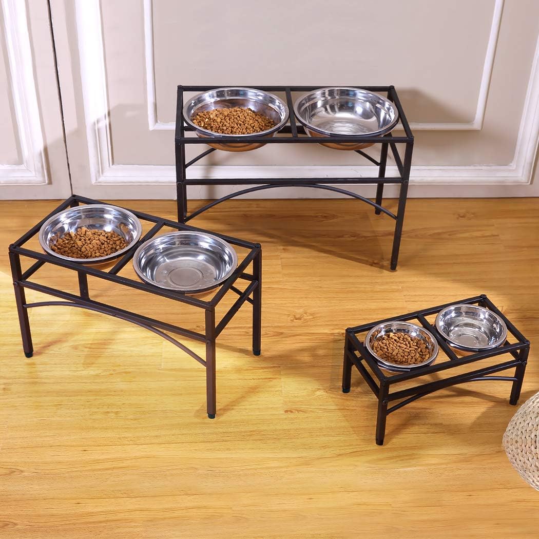 Set of elevated pet feeding stations with metal bowls on a wooden floor at Pet Servo