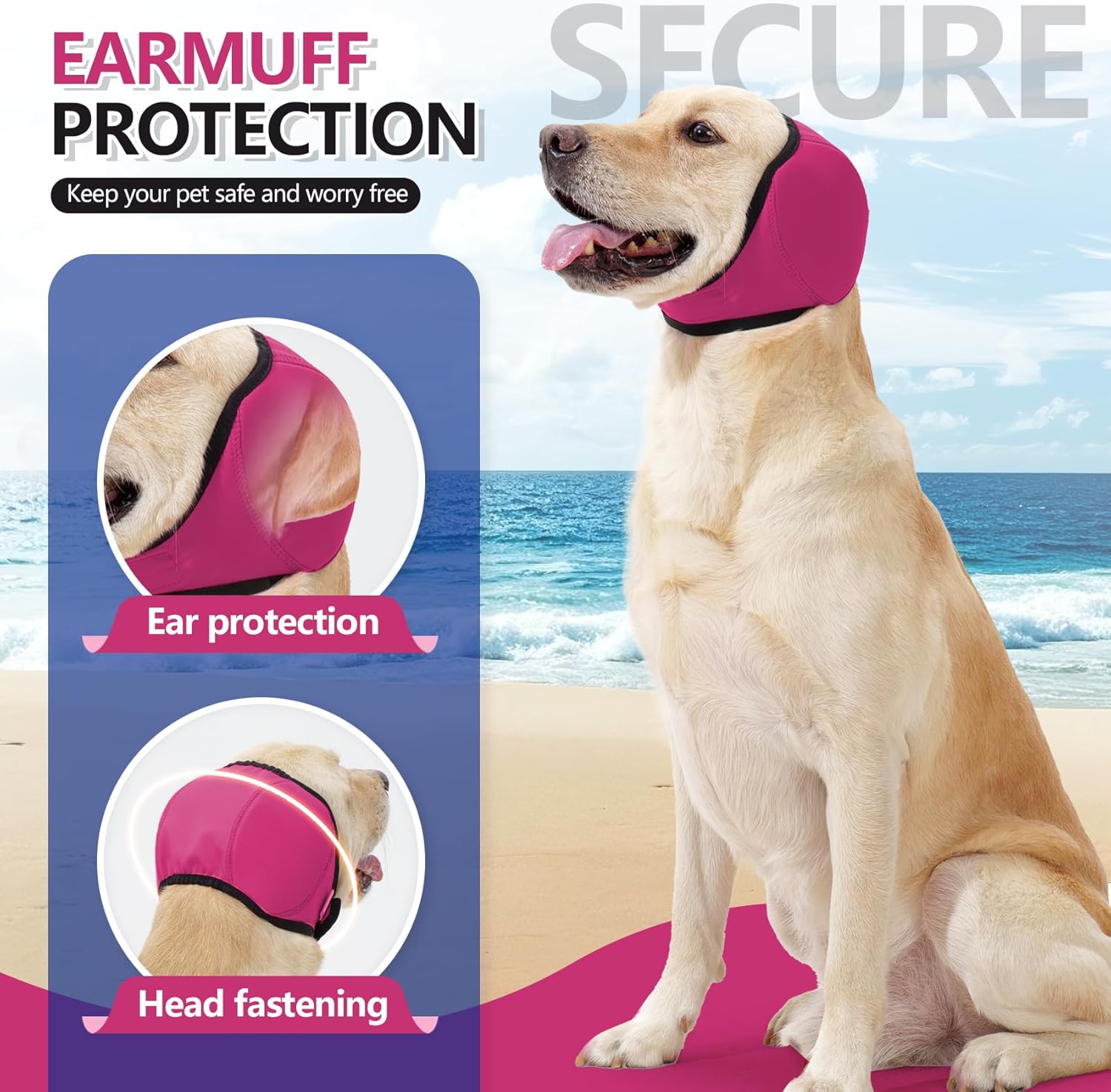 Dog wearing a pink ear protection device with text about secure earmuff protection on a beach background at Pet Servo