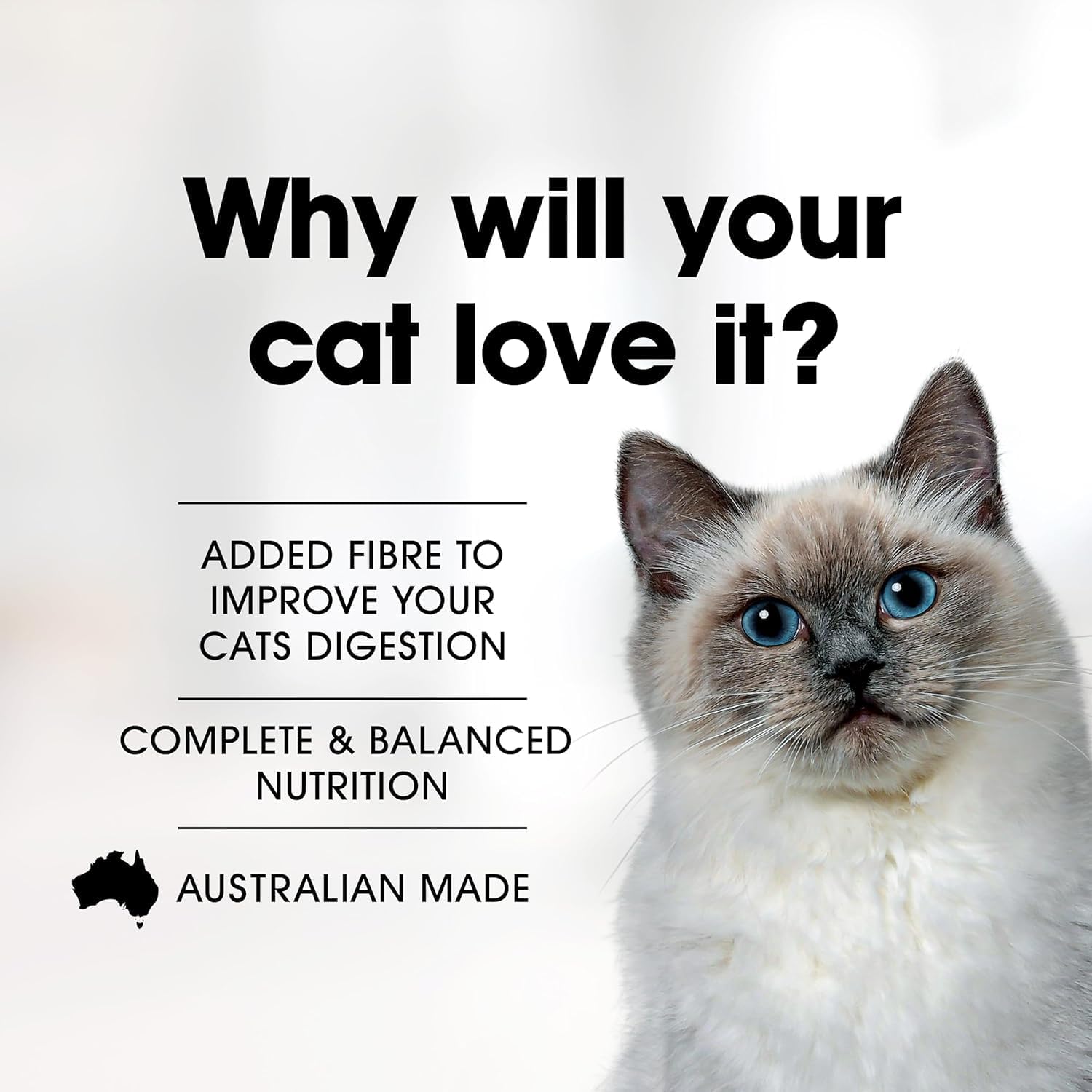 Cat with text about cat food benefits and Australian made label on a white background