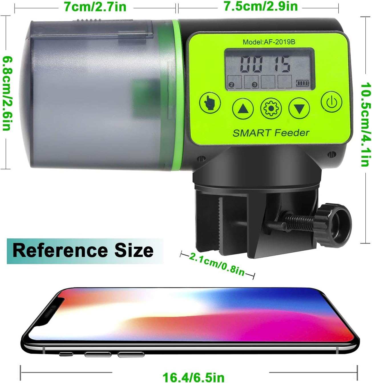 Smart feeder with digital display and measurement details on a white background at Pet Servo