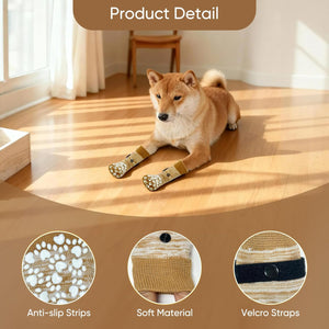Dog wearing gold paw protectors on a wooden floor with product detail insets at Pet Servo