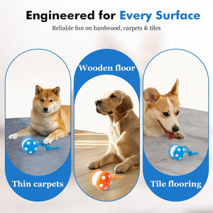 Three dogs on different flooring types with a toy, labeled 'Engineered for Every Surface' at Pet Servo