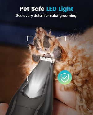Pet grooming tool with LED light on a pet's paw, emphasizing safety and detail at Pet Servo