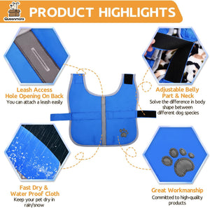 Blue dog life jacket with features highlighted on a white background at Pet Servo
