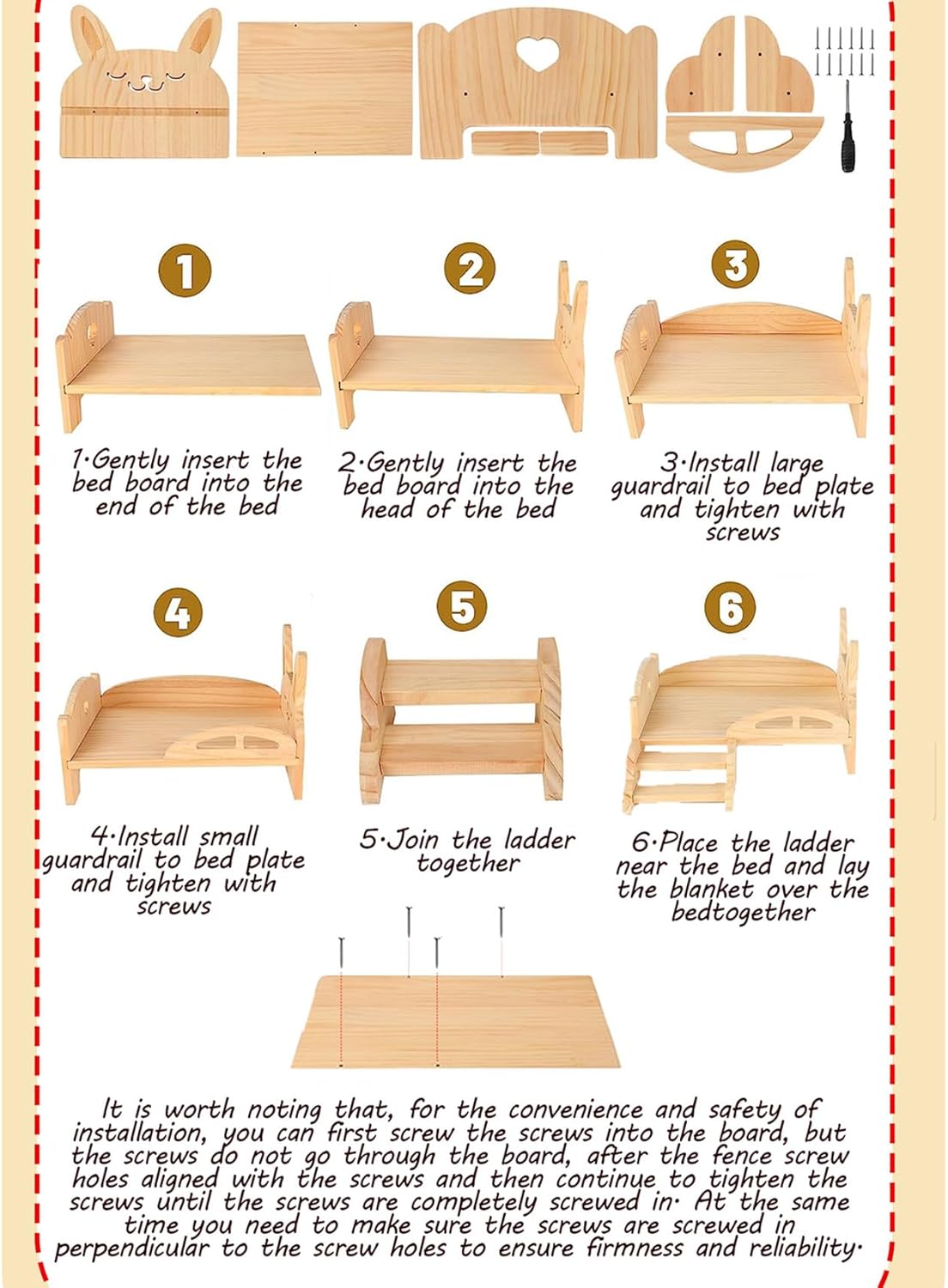 Step-by-step assembly instructions for a wooden bed with headboard, footboard, and ladder at Pet Servo