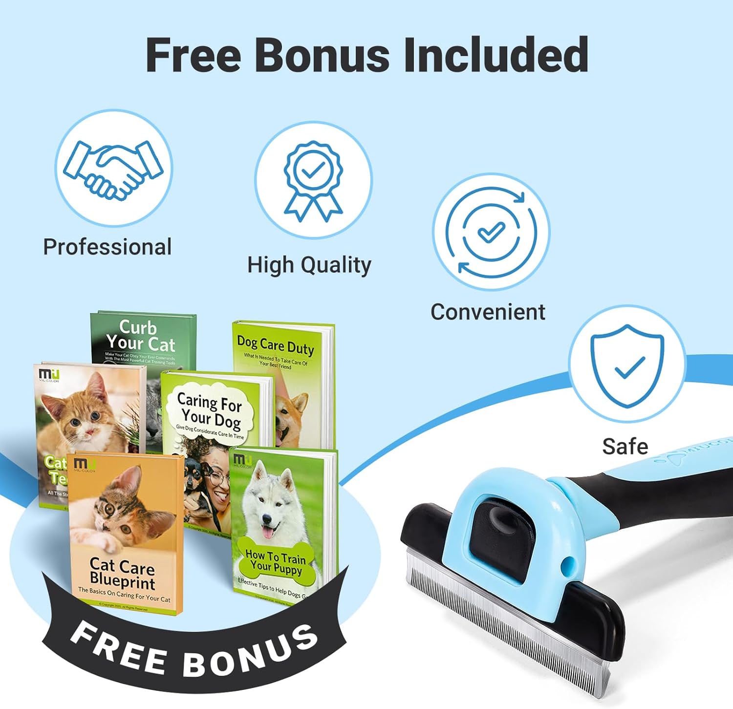 Pet grooming tool with free books on a light blue background at Pet Servo