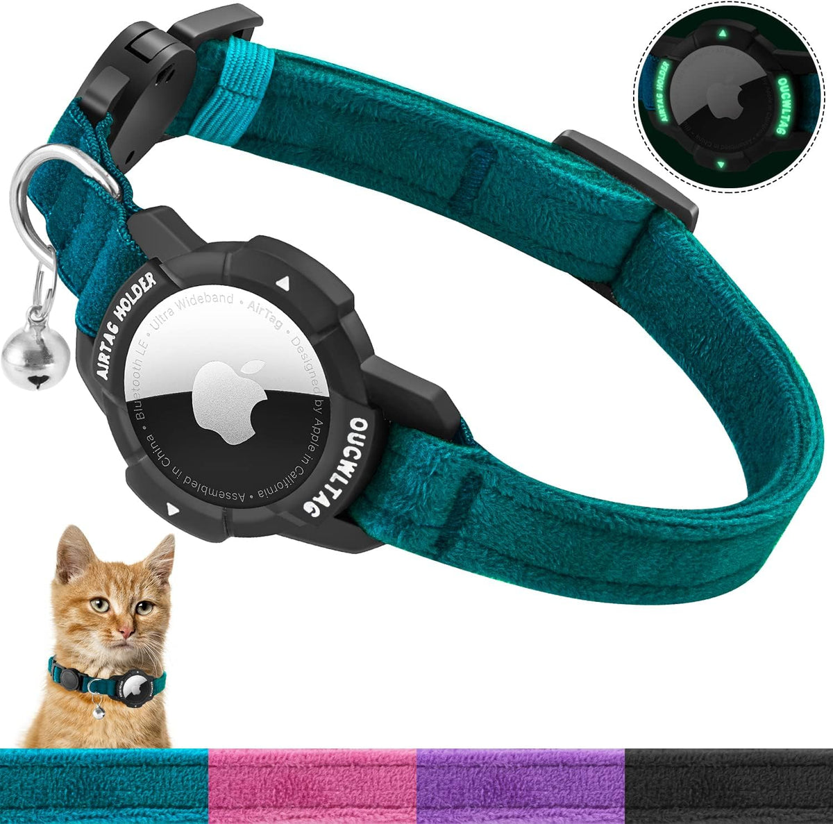 Teal pet collar with a black device attached, featuring a close-up inset and a small cat wearing the collar at Pet Servo
