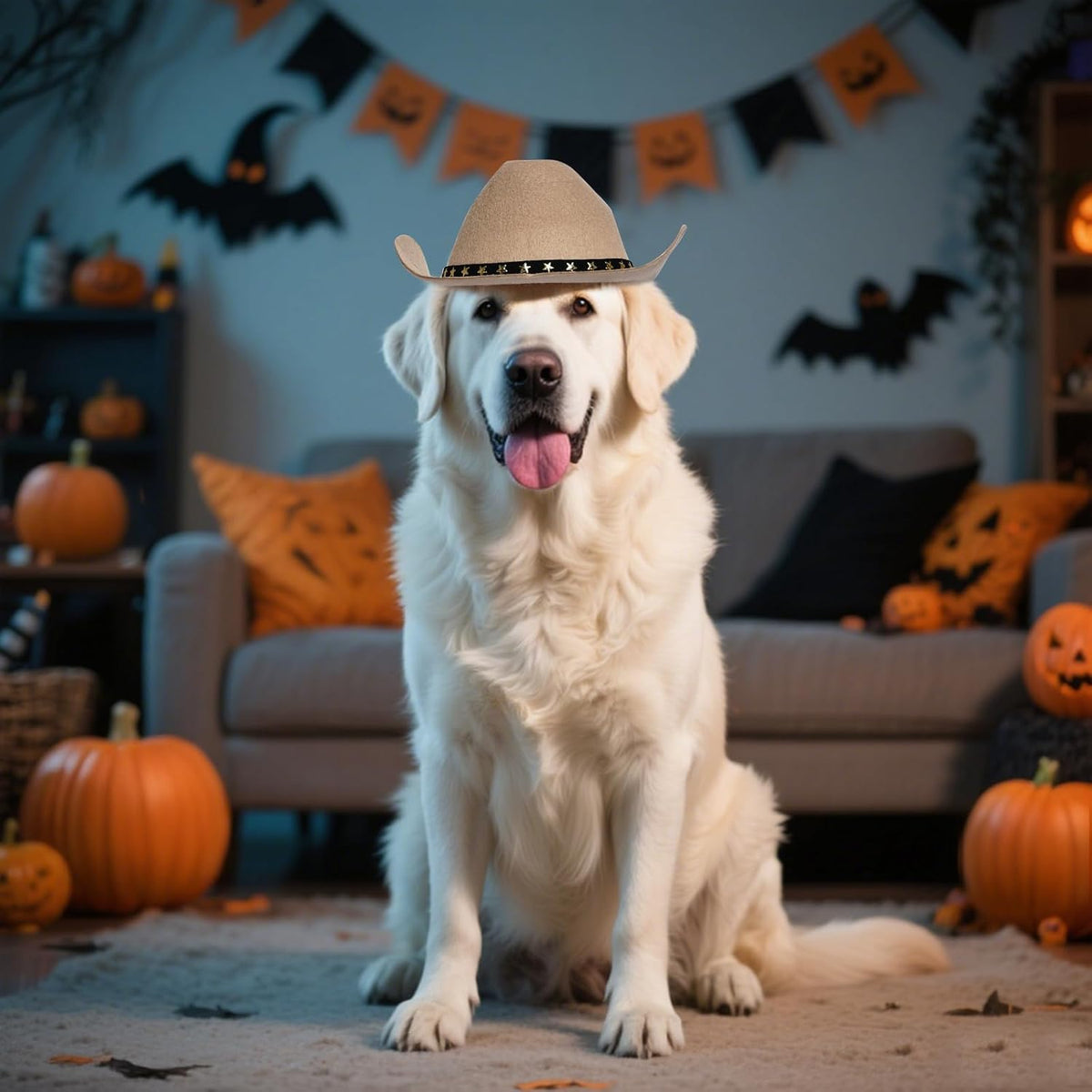 A golden retriever dog wearing a beige cowboy hat sits in a cozy, Halloween-decorated living room with pumpkins, bats, and orange pillows at Pet Servo
