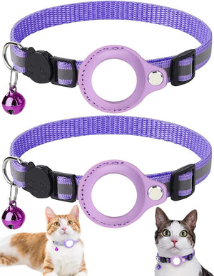 Two purple cat collars with matching purple bells and light purple rings, shown on a white background with two cats wearing the collars at the bottom at Pet Servo