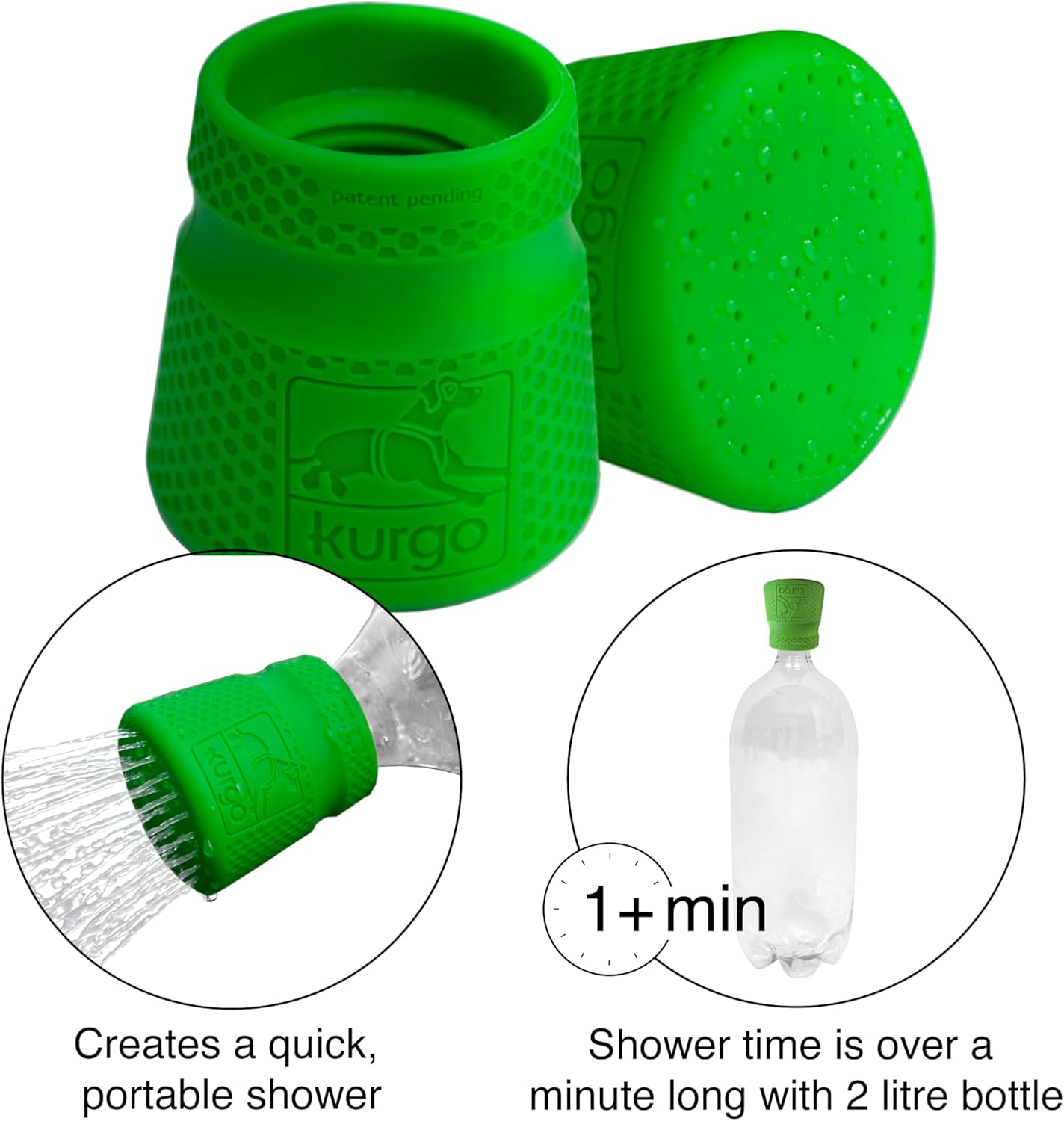 Green silicone shower head with text and product usage illustration on a white background at Pet Servo