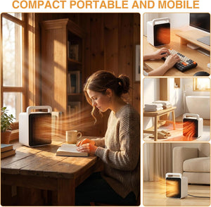 A collage showing a compact portable heater in a home setting. The main panel shows a woman reading at a wooden table with warm sunlight streaming in, while the side panels demonstrate the heater in use on a desk, near a keyboard, in a living room, and on a sofa.