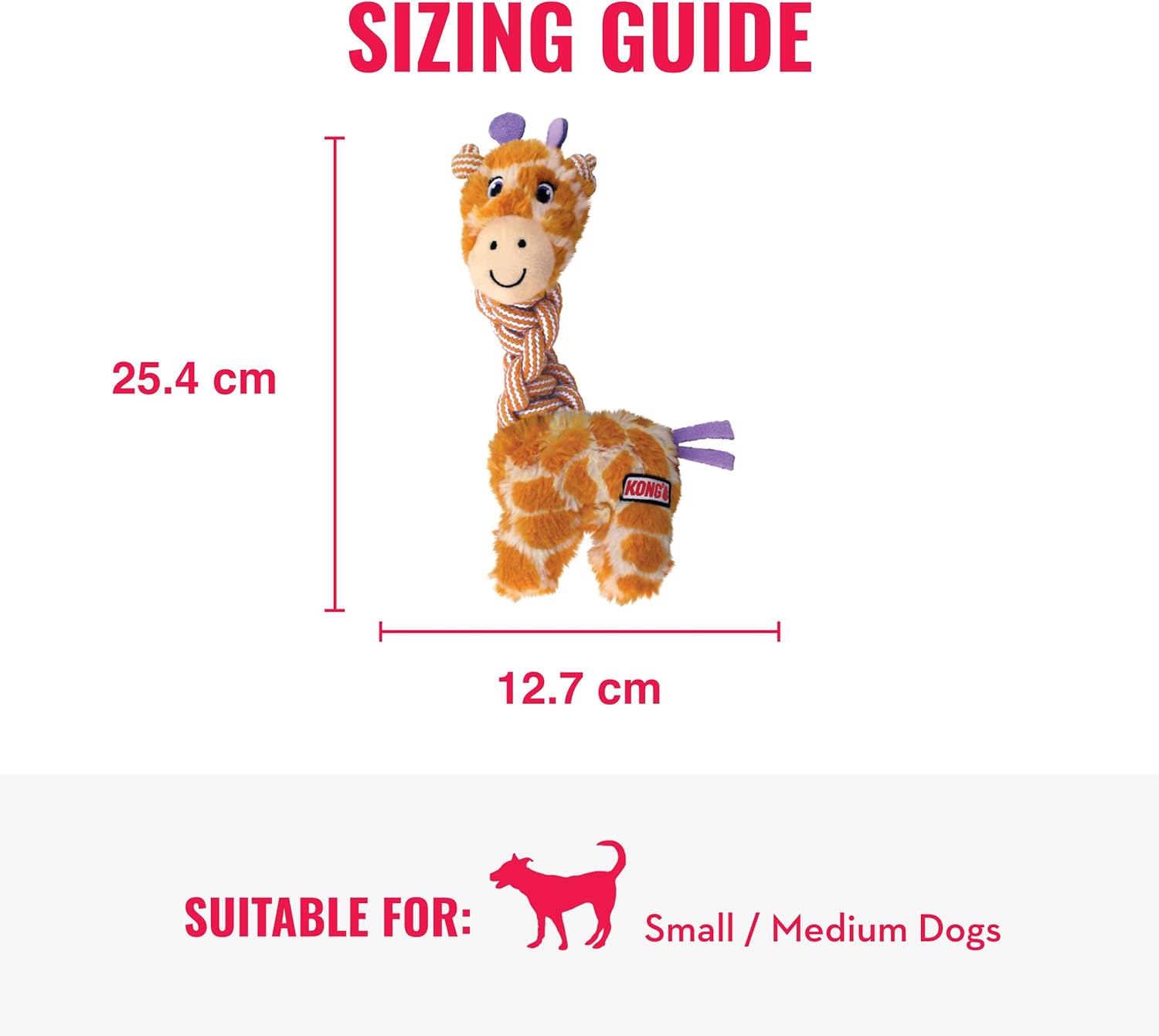 Sizing guide for a giraffe-shaped dog toy with dimensions and suitability for small to medium dogs at Pet Servo