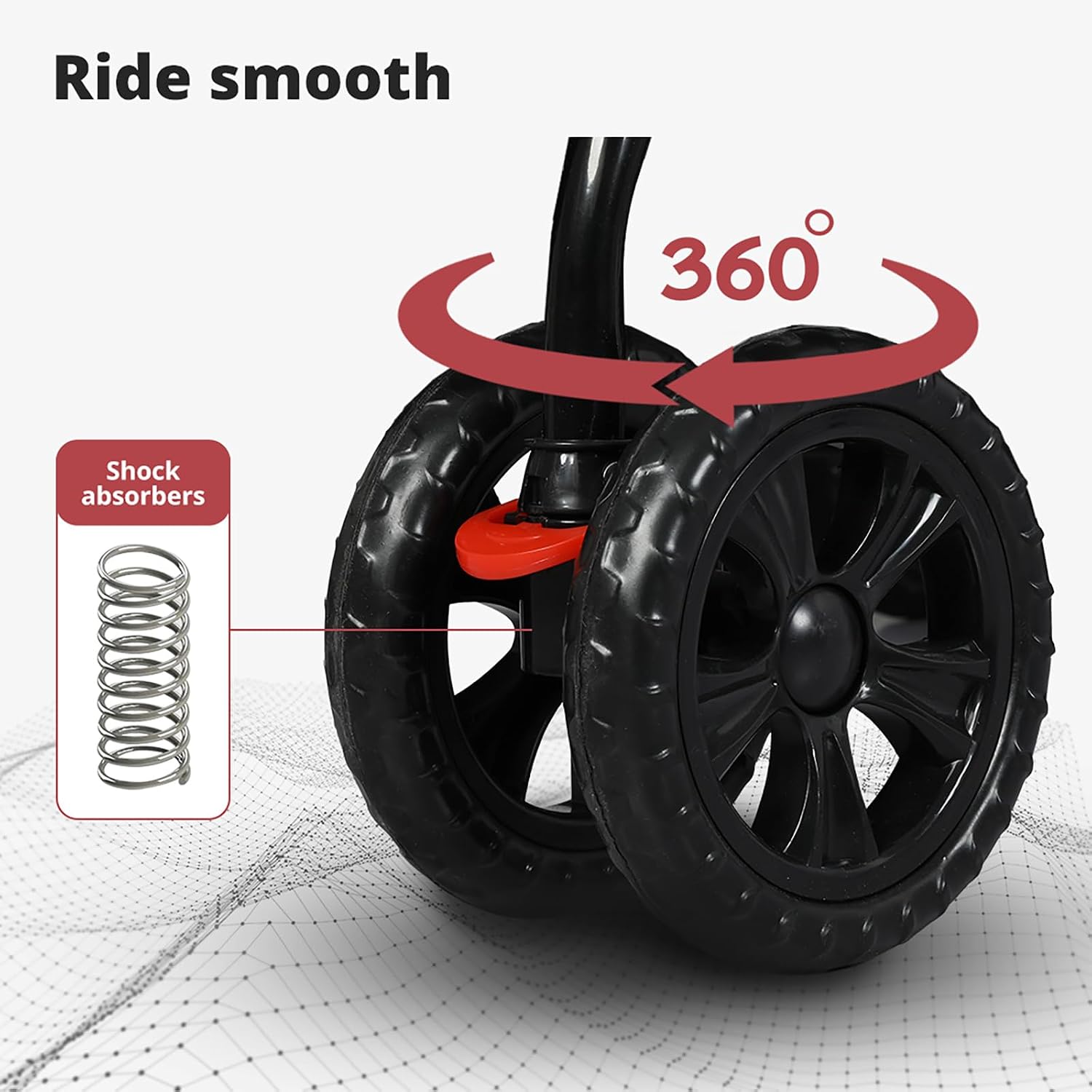 Black two-wheel electric scooter with red shock absorber and red graphic arrows showing 360-degree smooth ride, plus a callout inset of a spring labeled shock absorbers on a light gray background at Pet Servo