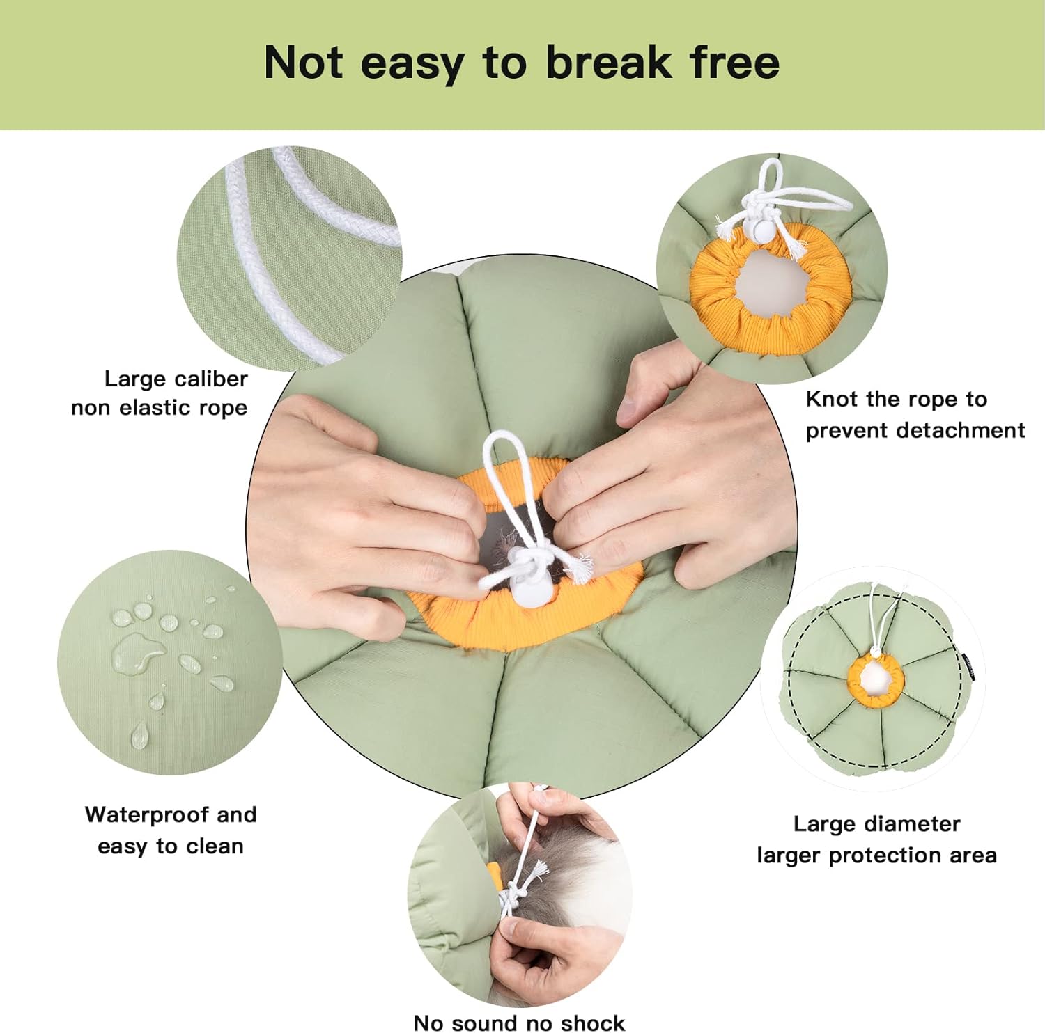 Product demonstration with text highlighting features like 'Not easy to break free', 'Large caliber non-elastic rope', 'Knot the rope to prevent detachment', 'Waterproof and easy to clean', 'Large diameter, larger protection area', and 'No sound, no shock' at Pet Servo