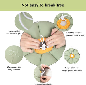 Product demonstration with text highlighting features like 'Not easy to break free', 'Large caliber non-elastic rope', 'Knot the rope to prevent detachment', 'Waterproof and easy to clean', 'Large diameter, larger protection area', and 'No sound, no shock' at Pet Servo