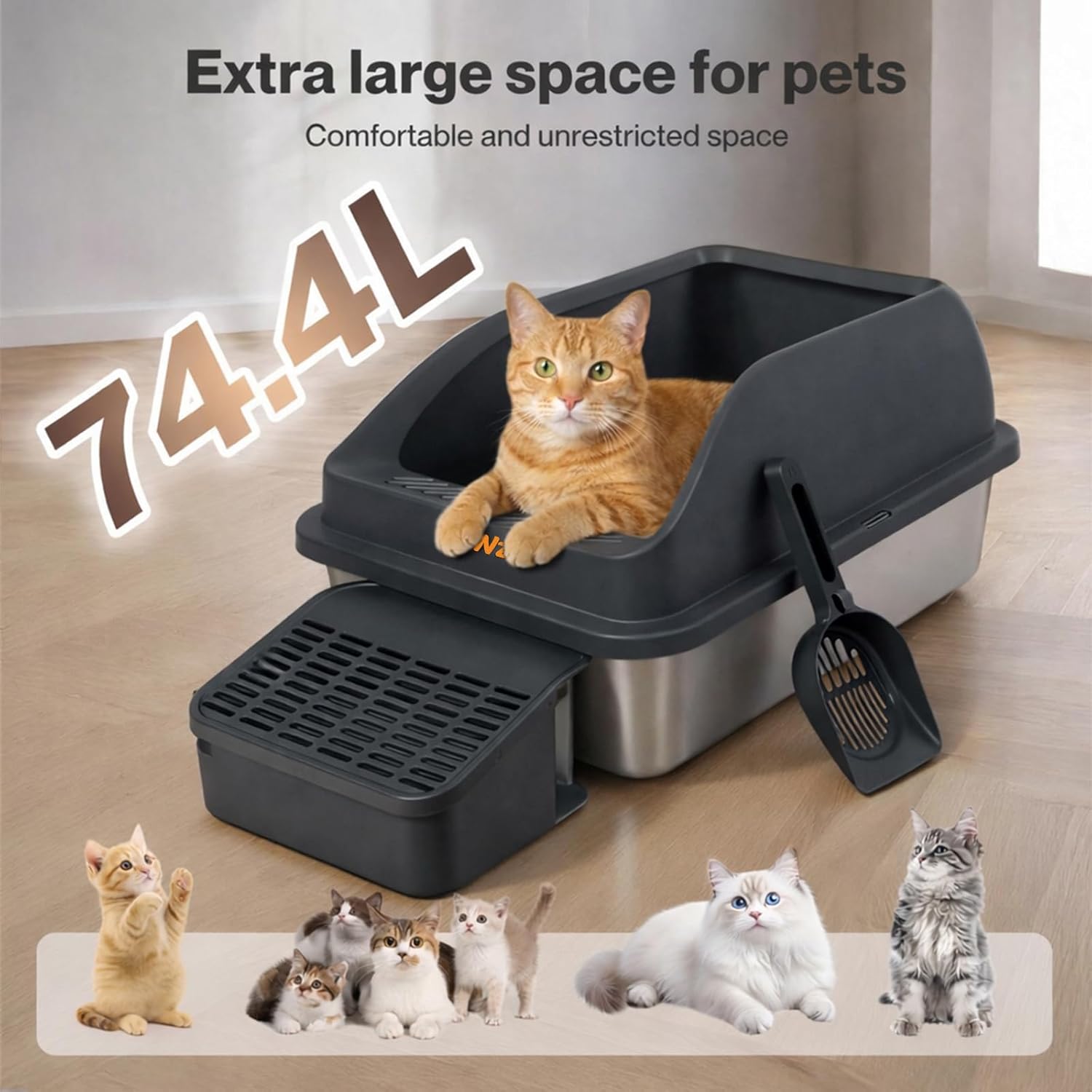 Pawz - 74.4L Anti-Urine Leakage Extra-Large Stainless-Steel Litter Box with Lid for Big Cats at Pet Servo