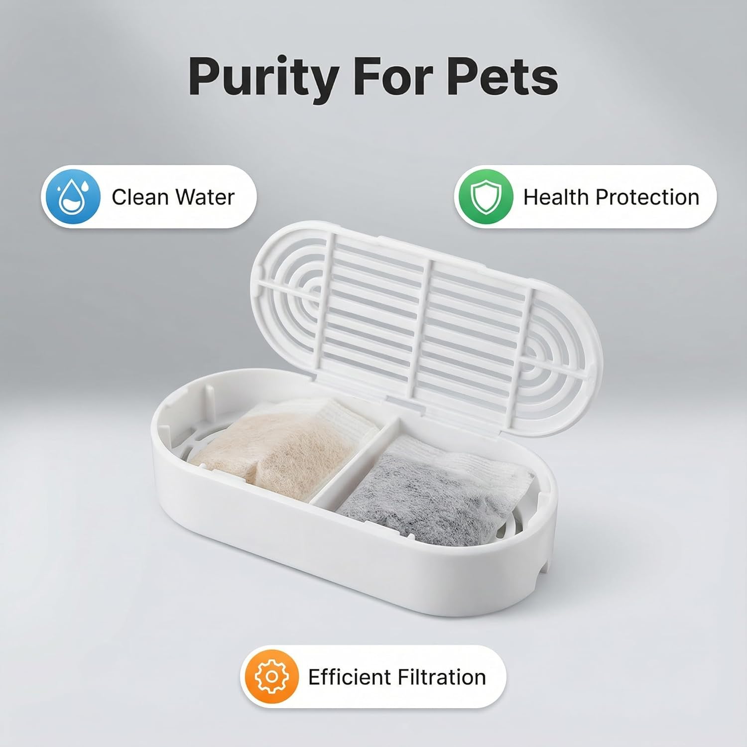 Pet water filter device with text highlighting features on a gray background at Pet Servo