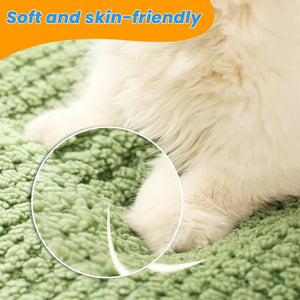 Close-up of a fluffy white cat on a green soft surface with text 'Soft and skin-friendly' at Pet Servo