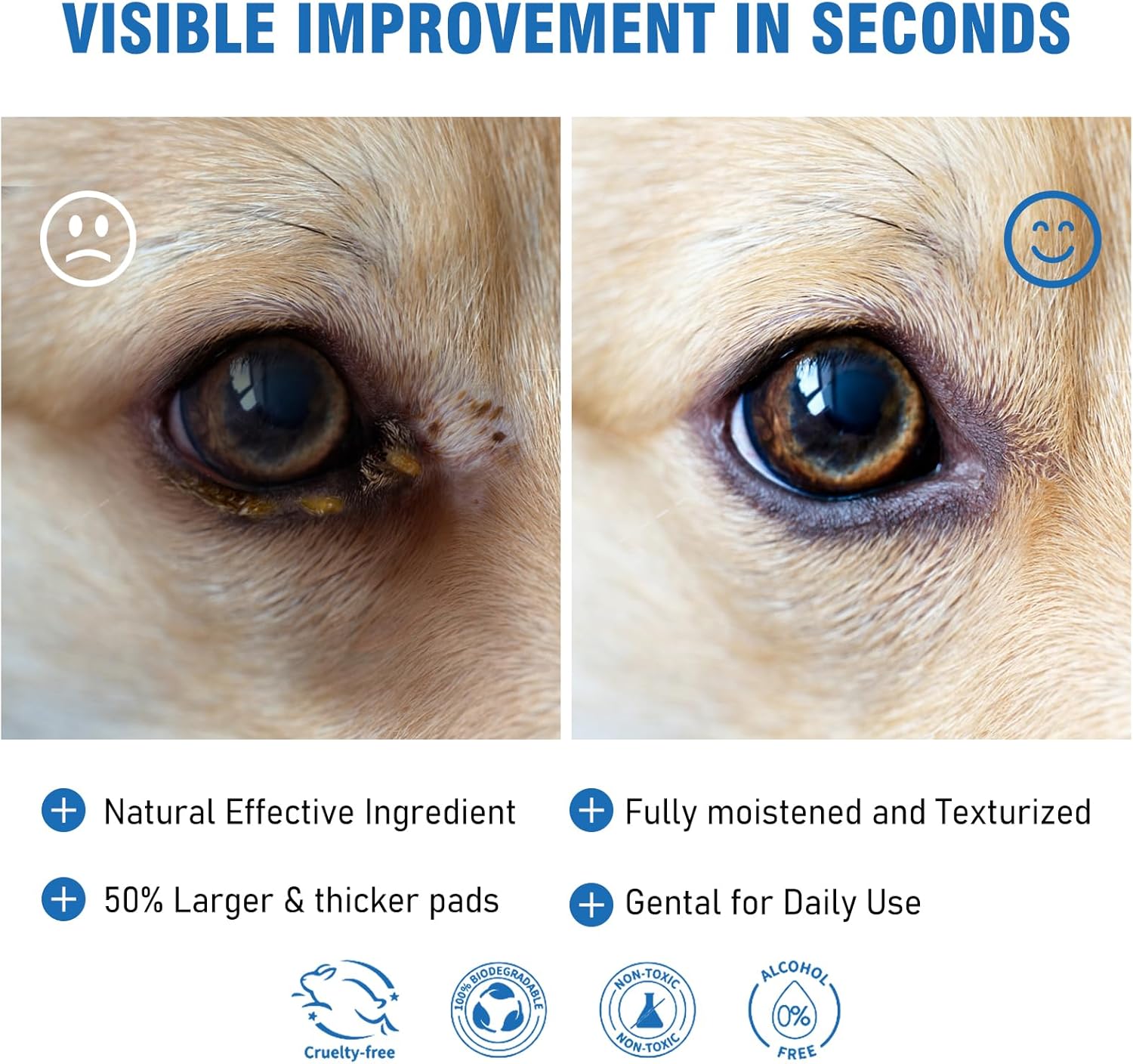 Before and after comparison of a dog's eye with visible improvement text and product features listed at Pet Servo