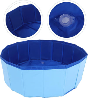 Blue octagonal pool with close-up insets of interior and drain plug on a white background at Pet Servo
