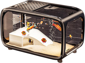 Small fish tank with fish and a white platform inside at Pet Servo