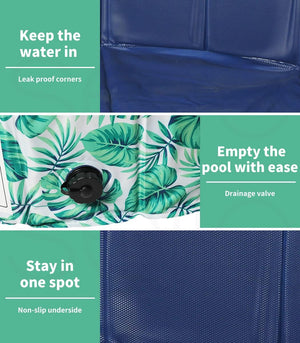 Inflatable pool with features highlighted on a green background at Pet Servo